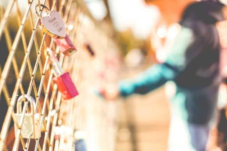 Love locks attached to fence