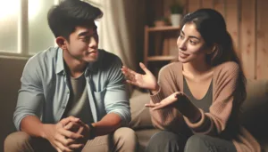 Couple sitting on the couch and Communicating empathetically